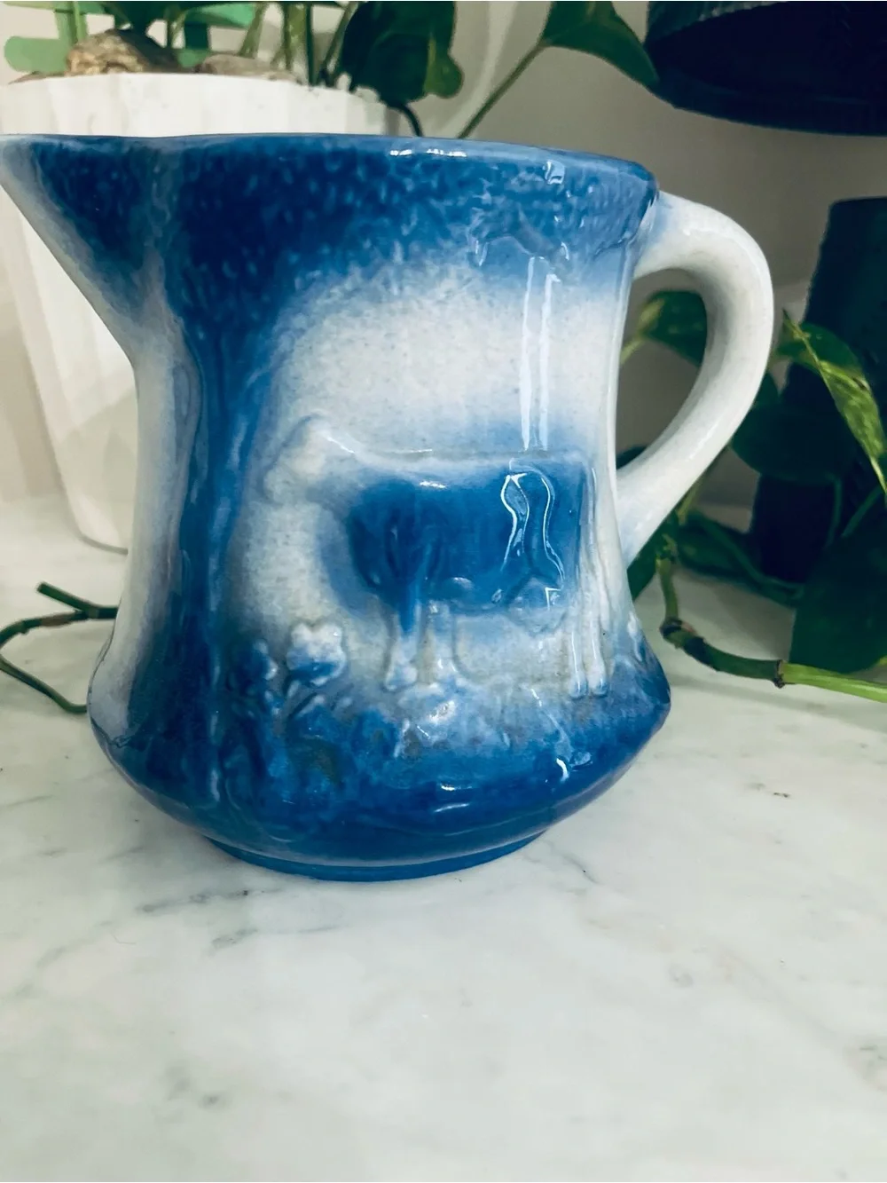 Vintage Blue Salt Glazed Stoneware Pitcher Cow in Pasture Flowers